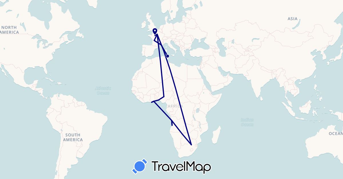 TravelMap itinerary: driving in Angola, France, Ghana, Nigeria, Tunisia, South Africa (Africa, Europe)